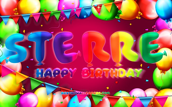 お誕生日おめでSterre, 4k, カラフルバルーンフレーム, Sterre名, 紫色の背景, Sterreお誕生日おめで, Sterre誕生日, 人気のオランダの女性の名前, 誕生日プ, Sterre