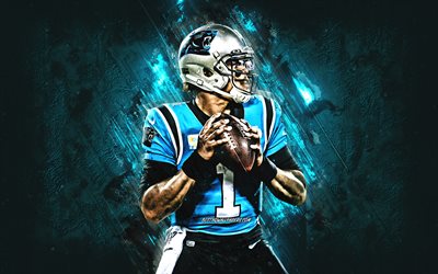 Cam Newton, Carolina Panthers, Amerikkalainen jalkapallo, pelinrakentaja, NFL, muotokuva, sininen kivi tausta, USA, Cameron Aldo Newton