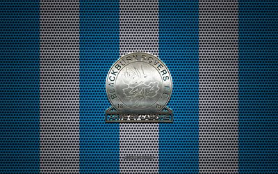 FC Blackburn Rovers logotipo, club de f&#250;tbol ingl&#233;s, emblema de metal, azul y blanco de malla de metal de fondo, Blackburn Rovers FC, EFL Championship, Blackburn, Lancashire, Inglaterra, f&#250;tbol