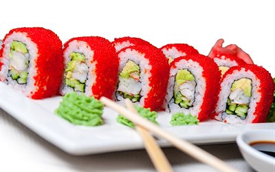 uramaki, japansk mat, rullar, sushi, Tobiko, typer av rullar, uramaki p&#229; en vit bakgrund