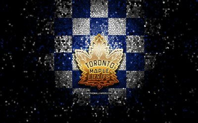 Toronto Maple Leafs, glitter-logo, NHL, sininen valkoinen ruudullinen tausta, USA, kanadan j&#228;&#228;kiekkojoukkue, Toronto Maple Leafs-logo, mosaiikki taidetta, j&#228;&#228;kiekko, Kanada