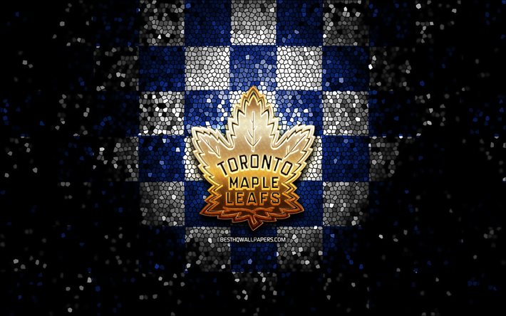 toronto maple leafs, glitter, logo, nhl, blau, wei&#223; karierten hintergrund, usa, die kanadischen eishockey-team toronto maple leafs logo -, mosaik-kunst, hockey, kanada