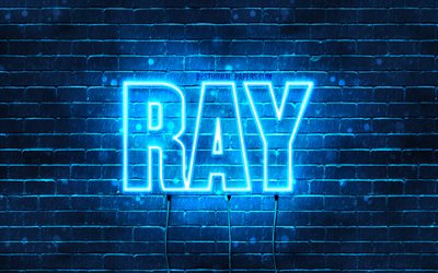 Ray, 4k, les papiers peints avec les noms, le texte horizontal, Ray nom, Joyeux Anniversaire Ray, bleu n&#233;on, une photo avec le nom de Ray