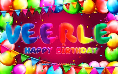 お誕生日おめでVeerle, 4k, カラフルバルーンフレーム, Veerle名, 紫色の背景, Veerleお誕生日おめで, Veerle誕生日, 人気のオランダの女性の名前, 誕生日プ, Veerle