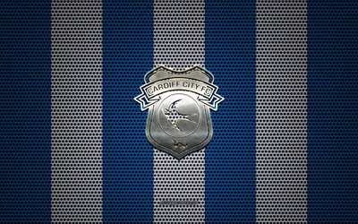 Cardiff City FC-logotyp, Engelska football club, metall emblem, bl&#229; och vit metall mesh bakgrund, Cardiff City FC, EFL Championship, Cardiff, Wales, fotboll