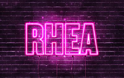 Rhea, 4k, sfondi per il desktop con i nomi, nomi di donna, Rea nome, viola neon, buon Compleanno Rhea, immagine con nome Rhea
