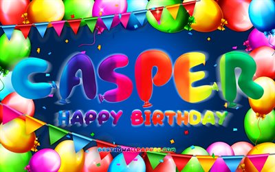 Happy Birthday Casper, 4k, colorful balloon frame, Casper name, blue background, Casper Happy Birthday, Casper Birthday, popular dutch male names, Birthday concept, Casper