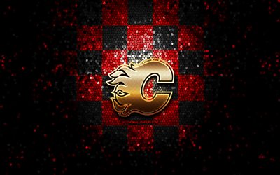 Calgary Flames, glitter logotipo, NHL, vermelho preto fundo quadriculado, EUA, h&#243;quei canadense equipe, Calgary Flames logotipo, arte em mosaico, h&#243;quei, Canad&#225;