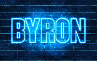 Byron, 4k, tapeter med namn, &#246;vergripande text, Byron namn, Grattis P&#229; F&#246;delsedagen Byron, bl&#229;tt neonljus, bild med Byron namn