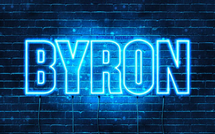 Byron, 4k, sfondi per il desktop con i nomi, il testo orizzontale, Byron nome, Felice Compleanno Byron, neon blu, l&#39;immagine con il nome di Byron
