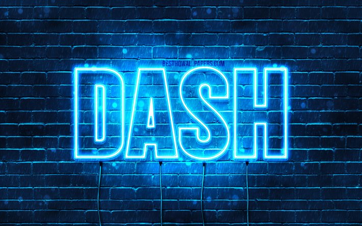 Le tableau de bord, 4k, les papiers peints avec les noms, le texte horizontal, Dash nom, Joyeux Anniversaire Dash, bleu n&#233;on, une photo avec le nom de Dash