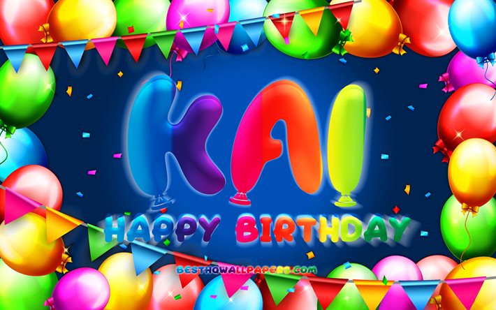 Buon Compleanno Kai, 4k, palloncino colorato telaio, Kai nome, sfondo blu, Kai buon Compleanno, Kai Compleanno, popolare olandese nomi maschili, feste di Compleanno, concetto, Kai
