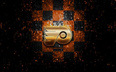 Philadelphia Flyers, glitter logo, NHL, orange black checkered background, USA, american hockey team, Philadelphia Flyers logo, mosaic art, hockey, America