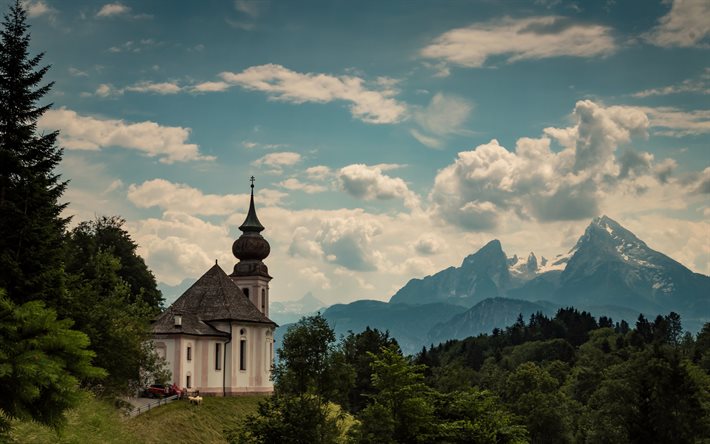 church in the mountains, Alps, evening, sunset, mountain landscape, forest, mountains