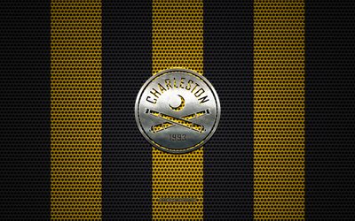 Charleston Battery logo, American soccer club, Charleston Battery new logo 2020, metal emblem, yellow-black metal mesh background, Charleston Battery, USL, Charleston, South Carolina, USA, soccer