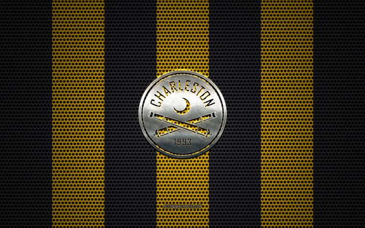 Charleston Battery logo, American soccer club, Charleston Battery new logo 2020, metal emblem, yellow-black metal mesh background, Charleston Battery, USL, Charleston, South Carolina, USA, soccer
