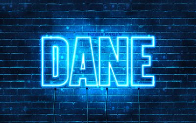 Dane, 4k, les papiers peints avec les noms, le texte horizontal, Dane nom, Joyeux Anniversaire Dane, bleu n&#233;on, une photo avec le nom Dane