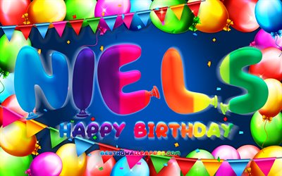 Happy Birthday Niels, 4k, colorful balloon frame, Niels name, blue background, Niels Happy Birthday, Niels Birthday, popular dutch male names, Birthday concept, Niels