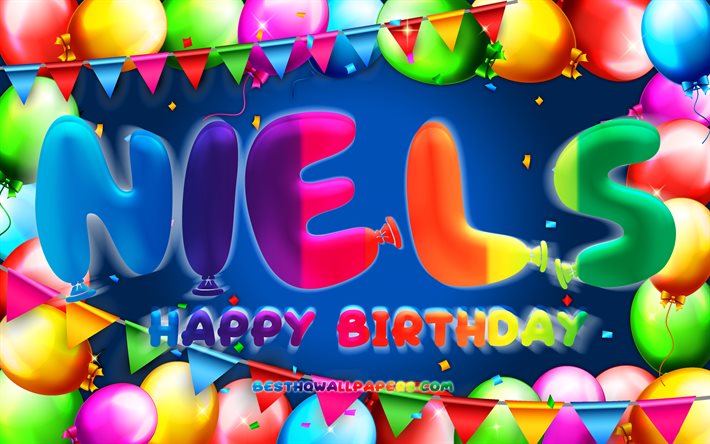 happy birthday, niels, 4k, bunte ballon-rahmen, niels name, blauer hintergrund, niels geburtstag, beliebten niederl&#228;ndischen m&#228;nnlichen namen, geburtstag-konzept