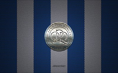 Queens Park Rangers FC logo, English football club, metal emblem, blue and white metal mesh background, Queens Park Rangers FC, EFL Championship, QPR logo, White City, London, England, QPR, football
