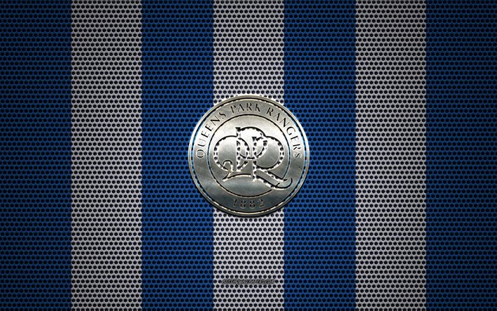 Queens Park Rangers FC logo, English football club, metal emblem, blue and white metal mesh background, Queens Park Rangers FC, EFL Championship, QPR logo, White City, London, England, QPR, football