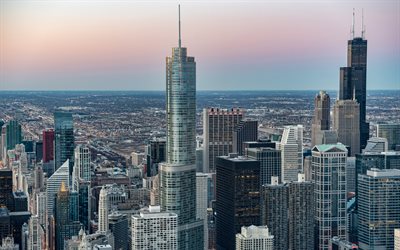 Chicago, Vista Torre, la Willis Tower, Chase Tower, grattacieli, sera, tramonto, edifici moderni, architettura moderna, Illinois, USA, Chicago città, skyline di Chicago