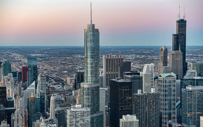 Chicago, Vista Torni, Willis Tower, Chase Tower, pilvenpiirt&#228;ji&#228;, illalla, sunset, moderneja rakennuksia, moderni arkkitehtuuri, Illinois, USA, Chicago kaupunkikuvaan, Chicago skyline