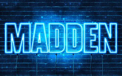 Madden, 4k, fondos de pantalla con los nombres, el texto horizontal, Madden nombre, Feliz Cumplea&#241;os Madden, luces azules de ne&#243;n, imagen con Madden nombre