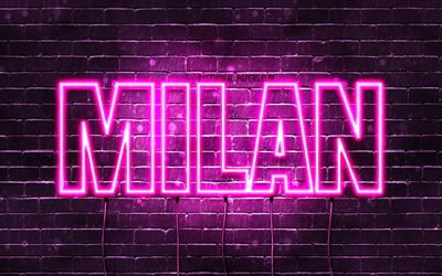 Milan, 4k, wallpapers with names, female names, Milan name, purple neon lights, Happy Birthday Milan, picture with Milan name
