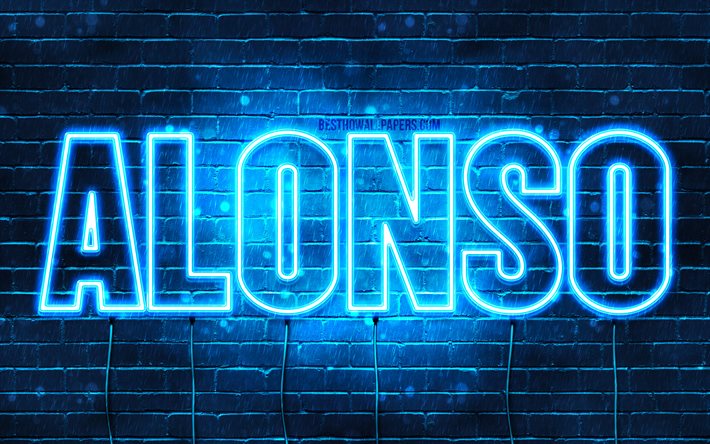 Alonso, 4k, sfondi per il desktop con i nomi, il testo orizzontale, Alonso nome, Felice Compleanno Alonso, neon blu, l&#39;immagine con il nome di Alonso