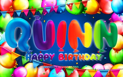 Mutlu Yıllar Quinn, 4k, renkli balon &#231;er&#231;eve, Quinn adı, mavi arka plan, Quinn Doğum g&#252;n&#252;n kutlu olsun, Quinn Doğum g&#252;n&#252;, pop&#252;ler Hollandalı Erkek İsimleri, Doğum g&#252;n&#252; kavramı, Quinn