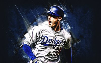 Cody Bellinger, Los Angeles Dodgers, MLB, american baseball player, portrait, blue stone background, baseball, Major League Baseball
