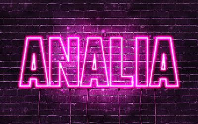 Analia, 4k, tapeter med namn, kvinnliga namn, Analia namn, lila neon lights, Grattis P&#229; F&#246;delsedagen Analia, bild med Analia namn