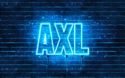 Axl, 4k, sfondi per il desktop con i nomi, il testo orizzontale, Axl nome, Felice Compleanno Axl, neon blu, foto di Axl nome