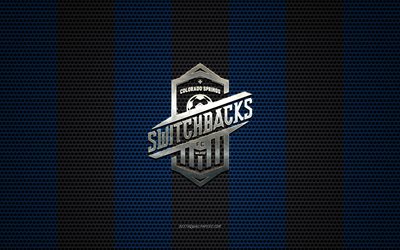 Colorado Springs Switchbacks FC logotyp, Amerikansk fotboll club, metall emblem, bl&#229; svart metalln&#228;t bakgrund, Colorado Springs Switchbacks FC, USL, Colorado Springs, Colorado, USA, fotboll