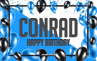 Buon Compleanno Conrad, feste di Compleanno, Palloncini Sfondo, Conrad, sfondi per il desktop con nomi, Conrad buon Compleanno, Palloncini Blu di Compleanno, Sfondo, biglietto di auguri, Conrad Compleanno