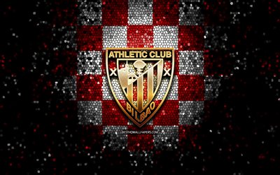Athletic Bilbao FC, glitter logo, La Liga, red white checkered background, soccer, Athletic Bilbao, spanish football club, Athletic Bilbao logo, mosaic art, football, LaLiga, Spain