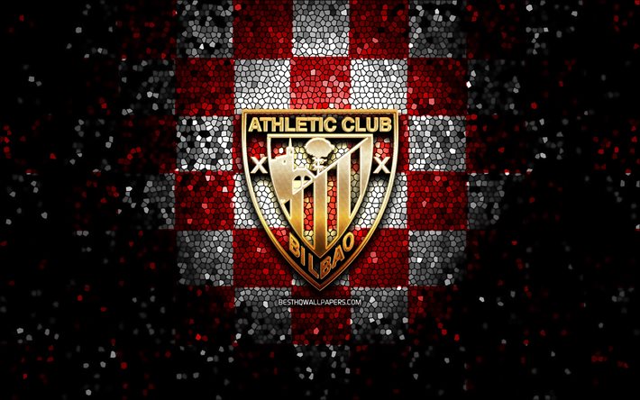 Athletic Bilbao FC, glitter logo, UEFA Şampiyonlar Ligi, kırmızı, beyaz arka plan, futbol, Atletik Bilbao, İspanyol Futbol Kul&#252;b&#252;, Athletic Bilbao logo, mozaik sanatı, futbol damalı, LaLiga, İspanya