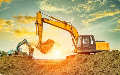 excavators, evening, sunset, construction equipment, construction machines, excavator
