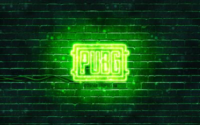 Pugb logo verde, 4k, verde, brickwall, PlayerUnknowns campi di Battaglia, Pugb logo, giochi del 2020, Pugb neon logo, Pugb