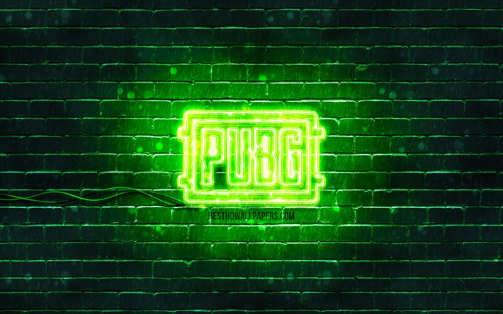 Pugb logo vert, 4k, vert brickwall, PlayerUnknowns les champs de bataille, Pugb logo, jeux de 2020, Pugb n&#233;on logo, Pugb