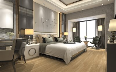 camera da letto del progetto, presenta un design elegante, camera da letto, moderno, classico, interior design, argento farfalle sul muro, interni classici in stile