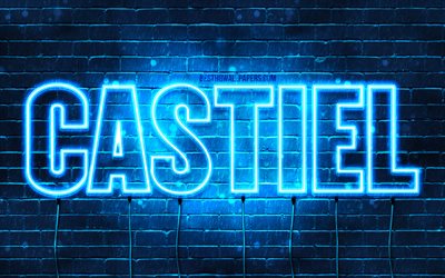 Castiel, 4k, pap&#233;is de parede com os nomes de, texto horizontal, Castiel nome, Feliz Anivers&#225;rio Castiel, luzes de neon azuis, imagem com Castiel nome