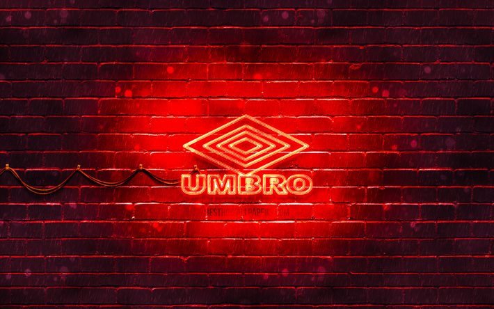 Umbro赤ロゴ, 4k, 赤brickwall, Umbroロゴ, スポーツブランド, Umbroネオンのロゴ, Umbro
