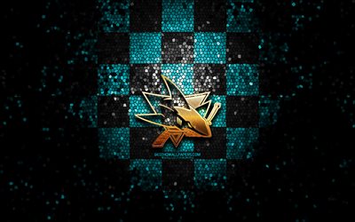 San Jose Sharks, glitter logo, NHL, blue black checkered background, USA, american hockey team, San Jose Sharks logo, mosaic art, hockey, America
