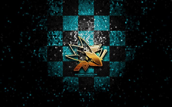 San Jose Sharks, glitter logotyp, NHL, bl&#229;-svart-rutig bakgrund, USA, amerikansk ishockey, San Jose Sharks logotyp, mosaik konst, hockey, Amerika
