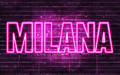 milana, 4k, tapeten, die mit namen, weibliche namen, milana namen, purple neon lights, happy birthday milana, bild mit namen milana