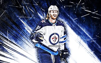 4k, Kyle Connor, NHL, grunge art, Winnipeg Jets, hockey stars, hockey, blue abstract rays, hockey players, Kyle Connor Winnipeg Jets, Kyle Connor 4K
