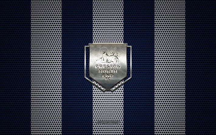 Preston North End FC logotipo, Clube de futebol ingl&#234;s, emblema de metal, a azul e a branca da malha do metal de fundo, Preston North End FC, EFL Campeonato, Preston, Lancashire, Inglaterra, futebol