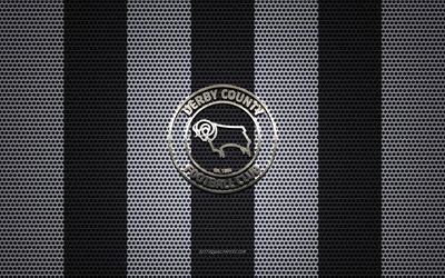 Il Derby County FC logo, club di calcio inglese, metallo emblema, in bianco e nero di maglia di metallo sfondo, il Derby County FC, EFL Campionato, Derby, Derbyshire, in Inghilterra, il calcio